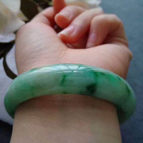 Certified Type A Jadeite Bangle 100% Natural Grade A Jade Green Yellow Dot 56mm - Picture 8 of 11